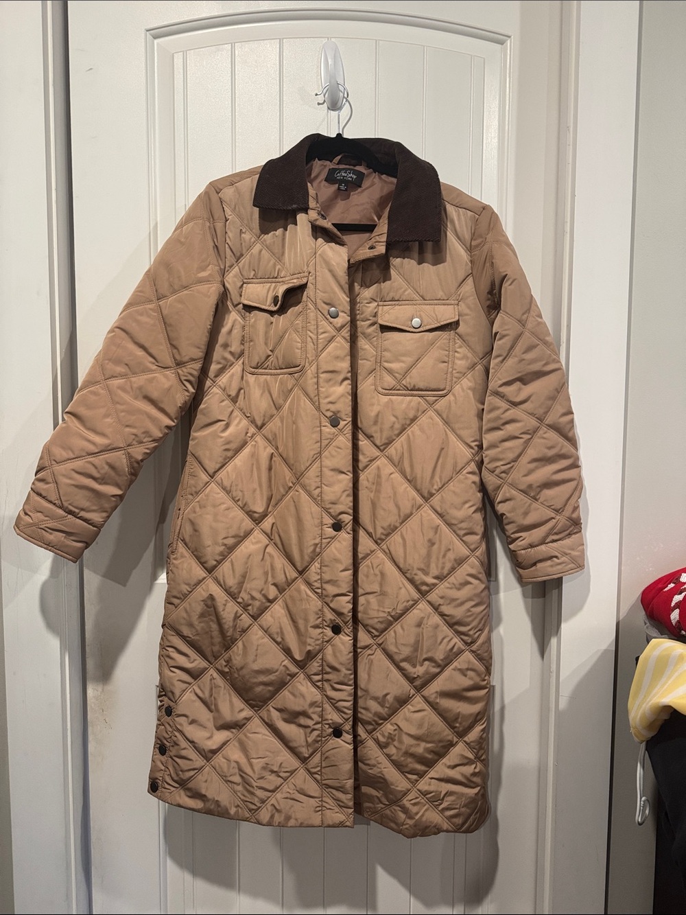 Women's Quilted Tan Long Coat with Corduroy Collar Chore Coat